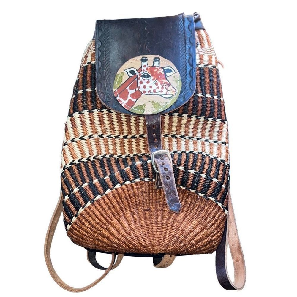 Kenya Artisan Made Sisal Giraffe Themed Colors Durable Flap Safari Backpack Bag - Picture 6 of 6